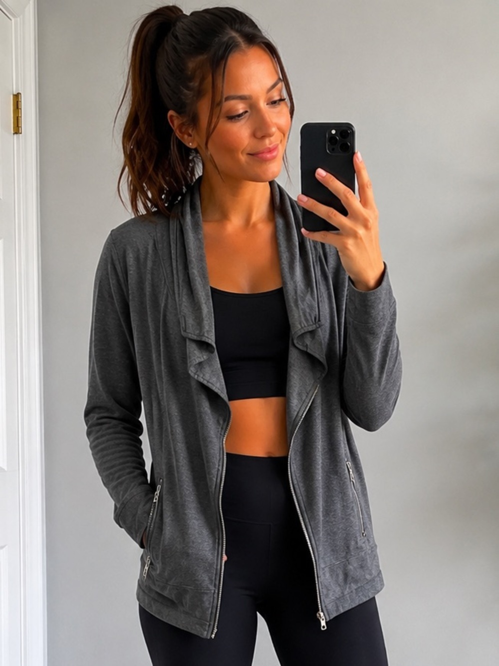 Kensie Charcoal Gray Drape Collar Asymmetrical Zip Cardigan Jacket Size Large